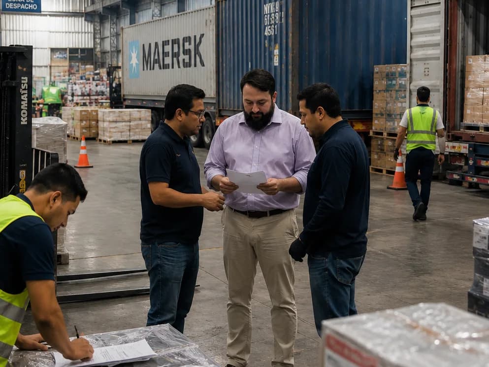 Revisión de documentos de embarque en un patio de contenedores, junto al equipo de bodega