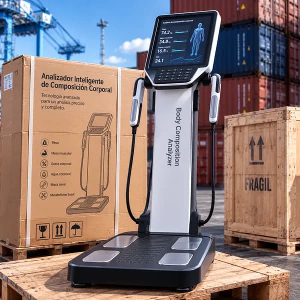 Analizador de composición corporal junto a su caja, en un patio de contenedores
