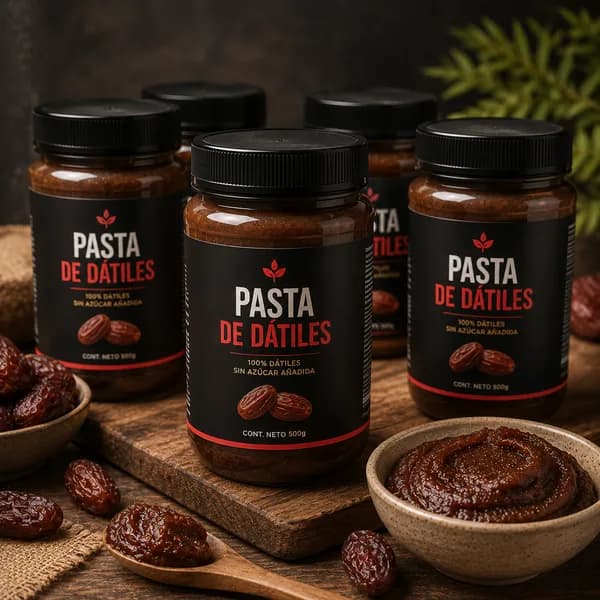 Frascos de pasta de dátiles junto a dátiles frescos