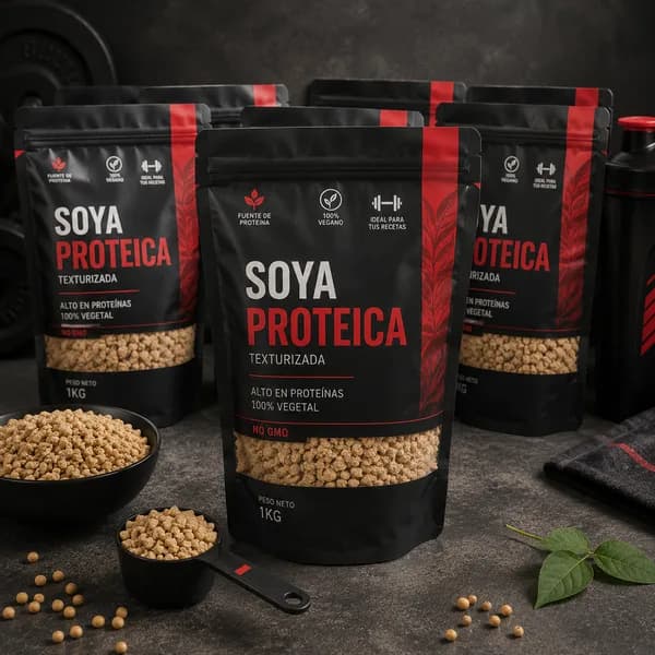 Bolsas de soya proteica texturizada junto a un bol con el producto